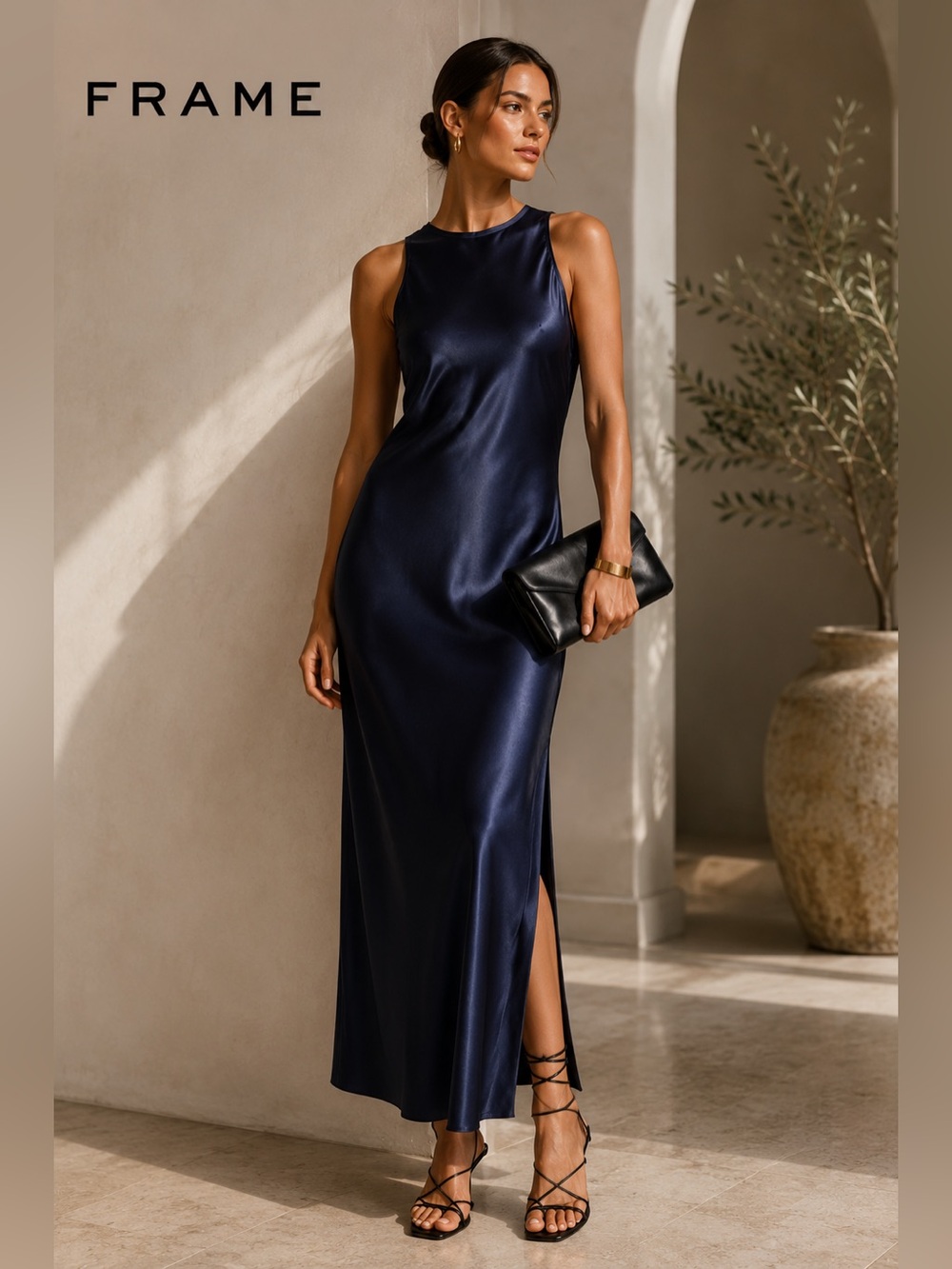 FRAME Bias Silk Maxi Dress L Navy 100% Washable Silk Sleeveless Side Slit
